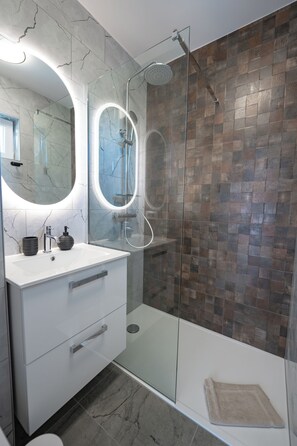 Apartamento | Banheiro | Chuveiro, secador de cabelo, toalhas de banho, papel higiênico