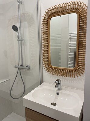 Dusche, Haartrockner, HandtĂŒcher, Toilettenpapier