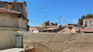 A wicker chair on a wooden deck with a view of a cityscape and birds flying in the sky. - Townhouse Terrace Beauduc, Arles (Arles)