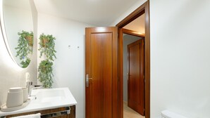 A bathroom with a wooden door, a white sink, and a mirror.