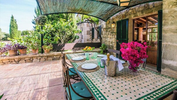 Patio esterno con tavolo apparecchiato per mangiare, circondato da piante in vaso e un muro in pietra.