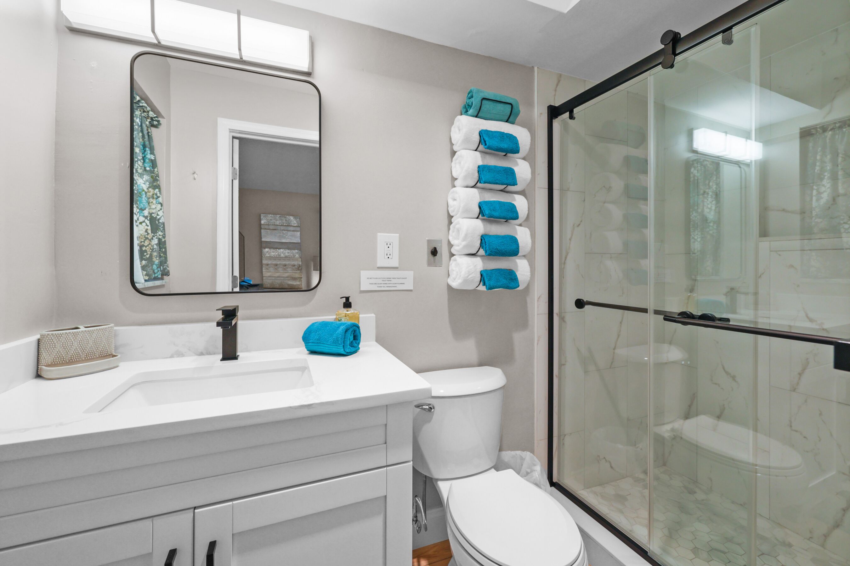A bathroom with a white sink, a mirror, a toilet, and a glass-enclosed shower area.