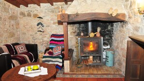 Ein gemütliches Zimmer mit Steinwand, Holzboden, Kamin, einer Couch, einem Tisch mit Früchten und einem blauen Fass.