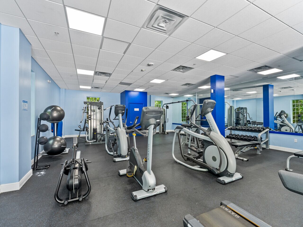 Un gimnasio con diversos equipos de ejercicio, incluyendo cintas de correr, elípticas y pesas libres.