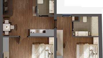 Un plan d’aménagement de chambre d’hôtel comprenant un lit, une table de chevet et un petit coin salon.