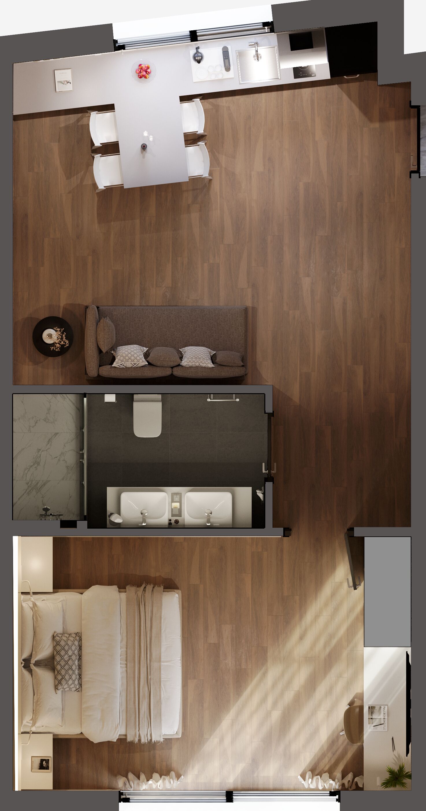 Vista cenital de una habitación de hotel moderna con suelo de madera, un sofá, una cama, un baño con ducha y lavabo, y una mesita con un jarrón.