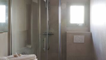 Combined shower/tub, hair dryer, towels, toilet paper