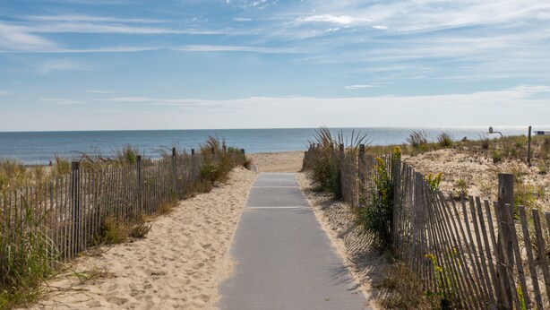 Un sentier sablonneux mène à une plage, de part et d’autre, des clôtures en bois bordent le chemin.