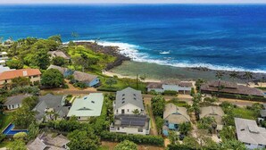 An aerial view of a coastal residential area with houses, a beach, and a clear view of the ocean.