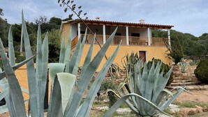 A house with a balcony, surrounded by agave plants and a stone pathway. - Villa set just 100 meters from Sa Piscaiola Beach  (Porto Istana)