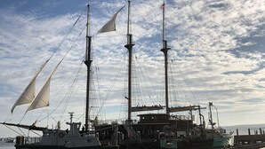 Ein historisches Segelschiff liegt an einem Steg mit einem hölzernen Gehweg. Ein Schild weist auf ein Schwimmverbot hin.