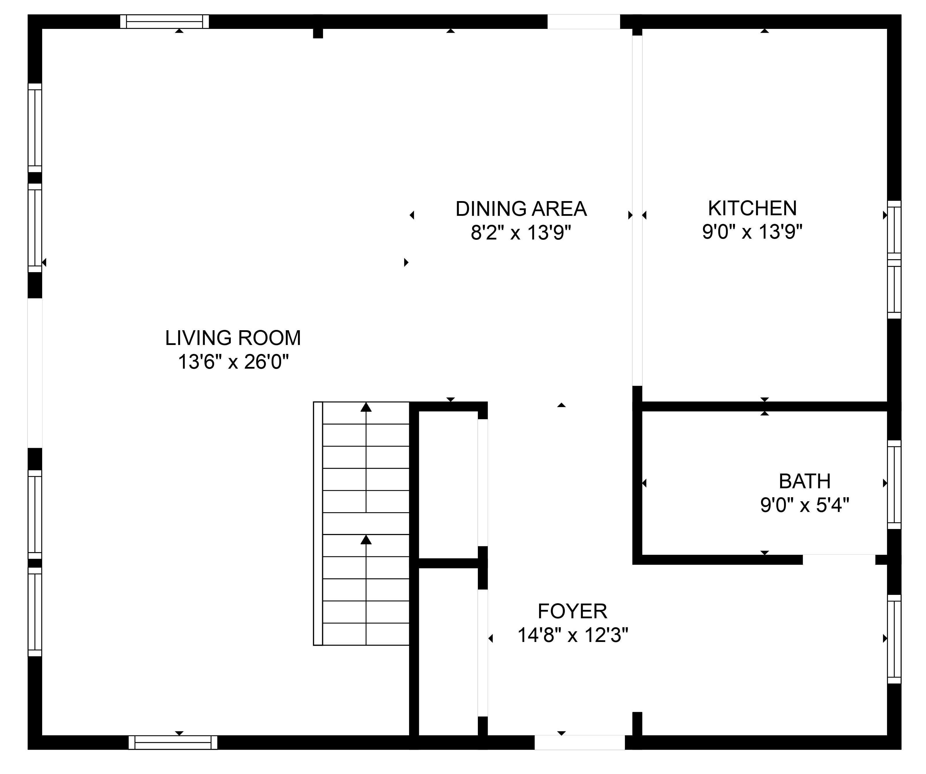 A floor plan with a living room (13'6" x 26'), dining area (8'2" x 13'9"), kitchen (9'0" x 13'9"), bath (9'0" x 5'4"), and foyer (14'8" x 12'3").