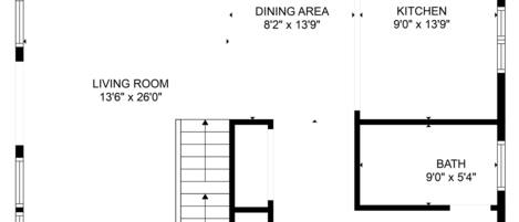 A floor plan with a living room (13'6" x 26'), dining area (8'2" x 13'9"), kitchen (9'0" x 13'9"), bath (9'0" x 5'4"), and foyer (14'8" x 12'3").