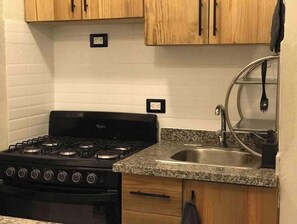 Fridge, oven, stovetop, coffee/tea maker