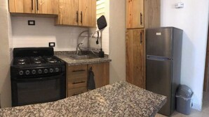 A kitchen with wooden cabinets, a granite countertop, a black stove, a stainless steel refrigerator, and a trash bin. - MODERN APARTMENT IN FRONT OF THE SEA. (E17AM502) (Santo Domingo)