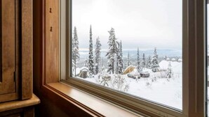 A window with a view of a snowy landscape, including trees and a distant building. - Big White Beauty! Sleeps 10.  Ski in/Ski out Chalet with Private Hot Tub. (Beaverdell)