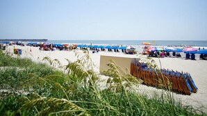Een strand met rijen parasols en ligbedden, een redershut en een pier op de achtergrond.
