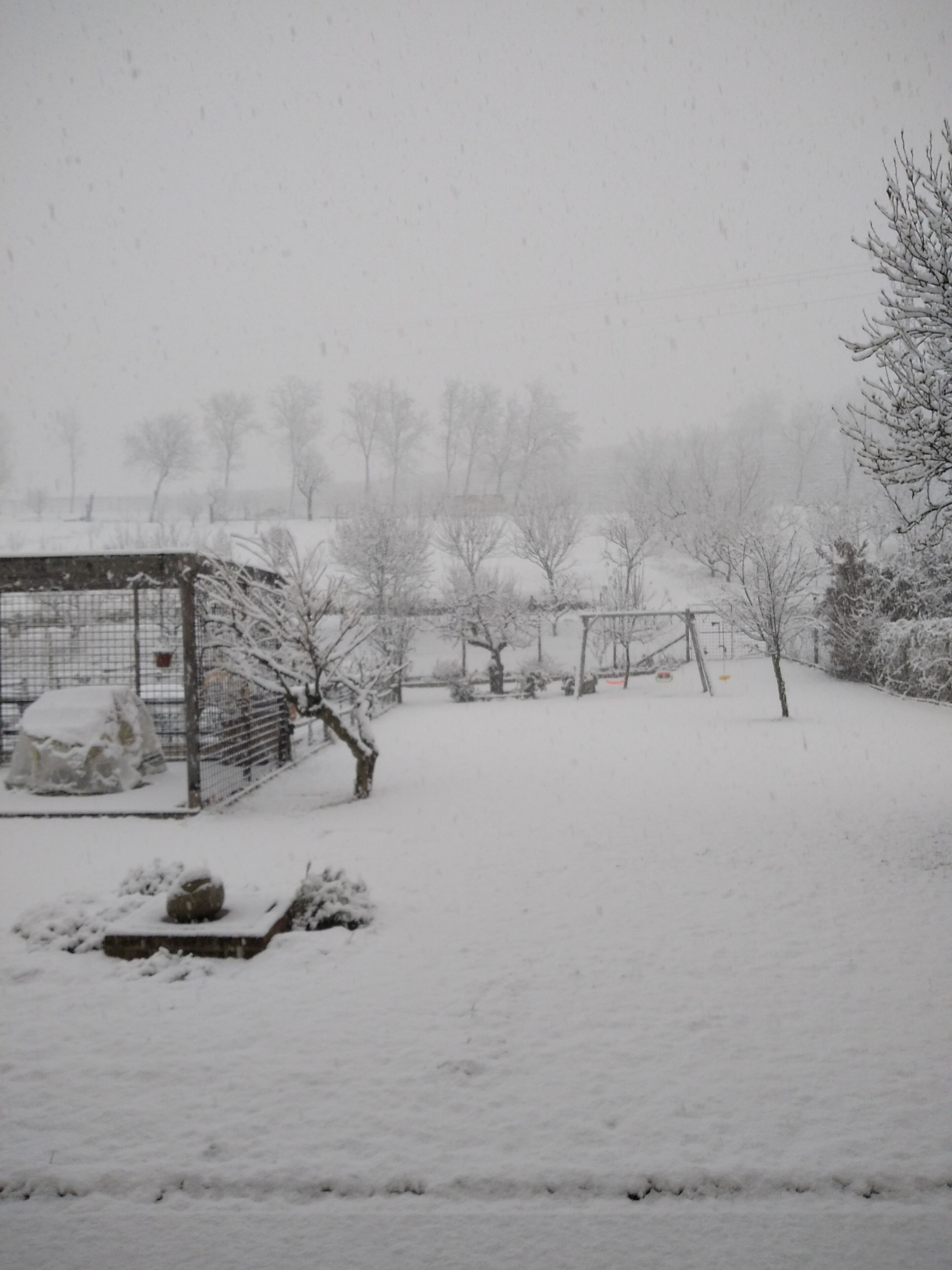 A snowy outdoor scene with a fenced area, trees, and a building.