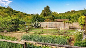 A garden with a wooden fence, a swing set, and a variety of plants. - A vacation in the midst of nature just a stone's throw from Alba? (Alba)
