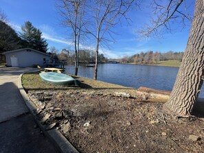 A lakeside property with a dock, a small house, and a tree.