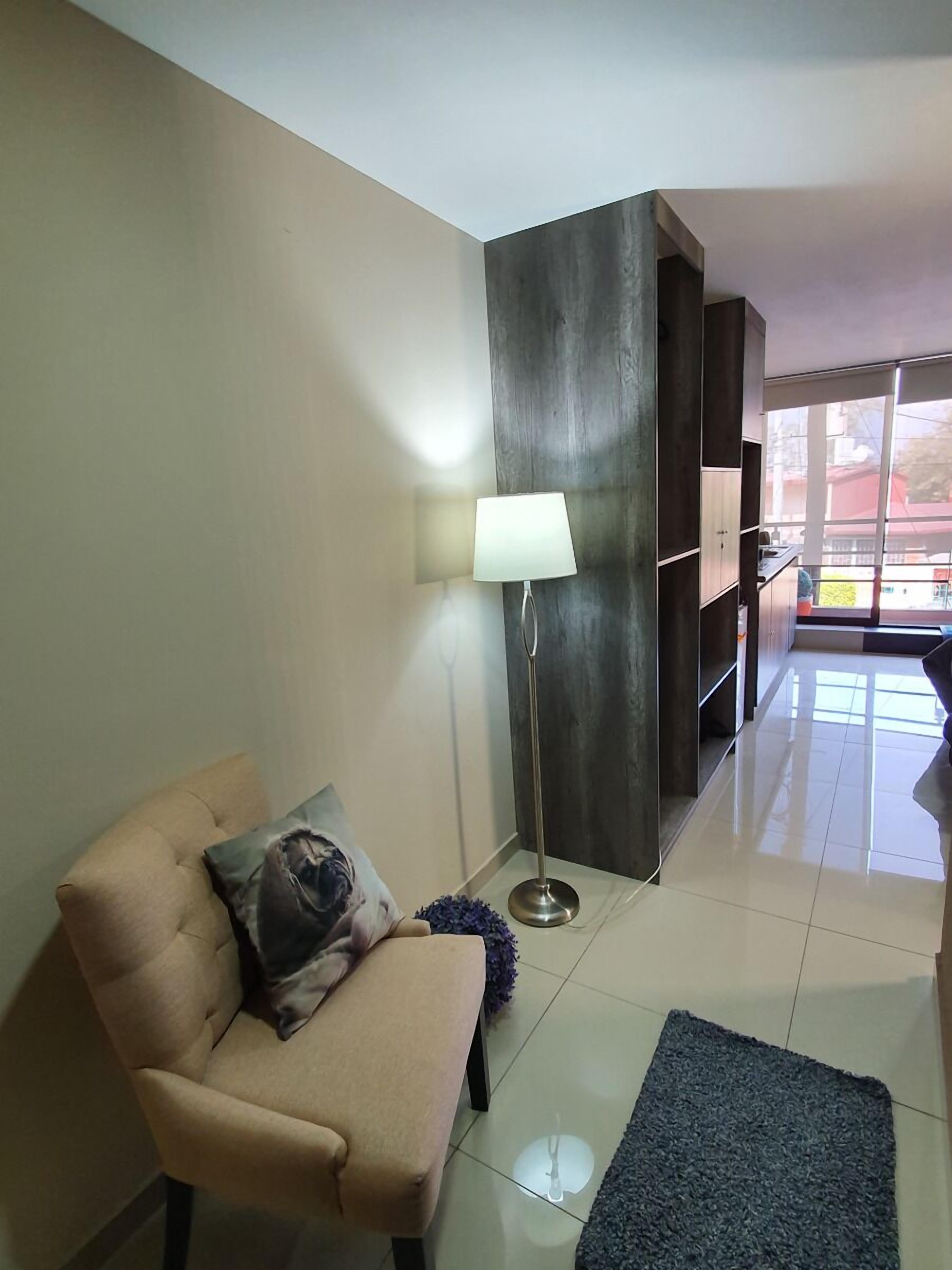 A modern living room with a beige sofa, a floor lamp, and a dark rug.