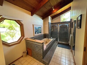 Combined shower/tub, jetted tub, hair dryer, towels