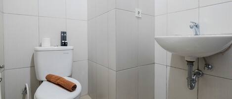 Kylpyhuone, jossa on wc, pesuallas ja pyyhe wc:n päällä.