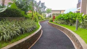 A curved pathway flanked by lush greenery and a brick wall, leading to a building with a visible entrance.