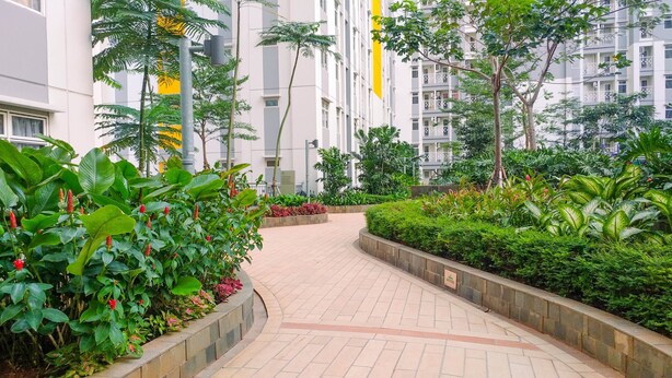 Um caminho ladeado por vegetação exuberante e edifícios modernos.