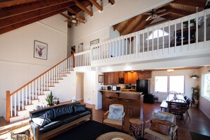 Smart TV, fireplace, books, printers