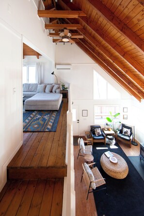 Smart TV, fireplace, books, printers