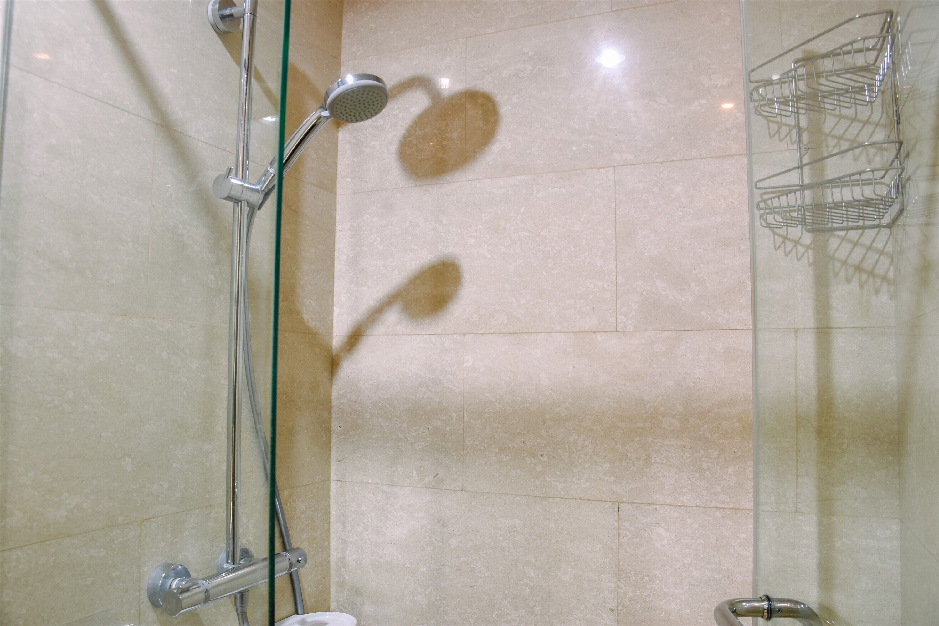 Una ducha con puerta de cristal, cabezal de ducha metálico y un perchero metálico.