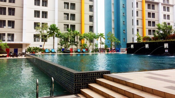 Une piscine avec des marches permettant d’y accéder, entourée de palmiers et bordée d’un immeuble à plusieurs étages doté de balcons.