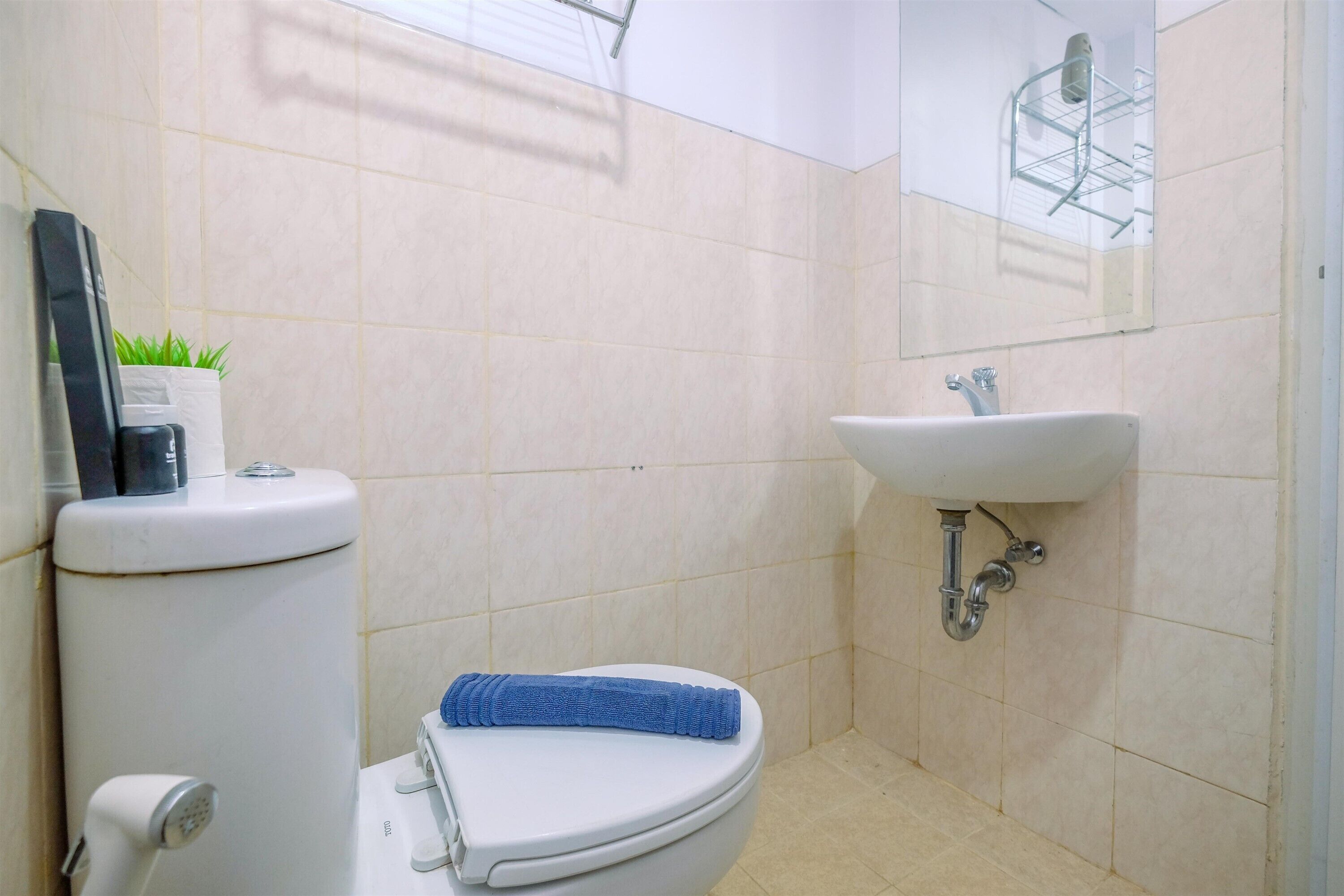 A small bathroom with a toilet, sink, and a mirror.