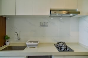 A kitchen with a sink, a gas stove, and a small potted plant.