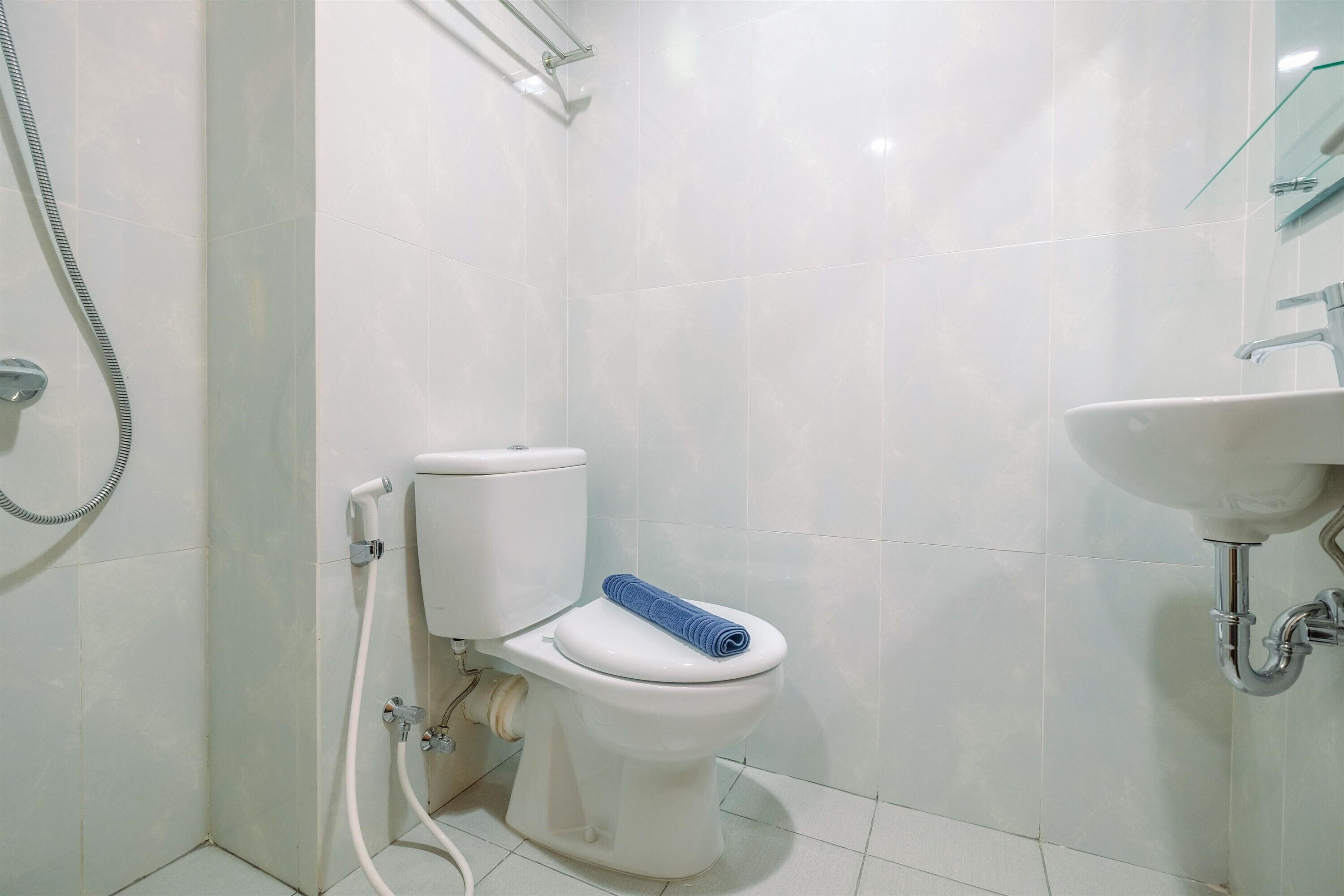 Une salle de bain avec des toilettes blanches, une douche en verre et un lavabo avec un robinet chromé.