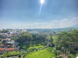 Paisaje rural con campos en terrazas, un puente y edificios al fondo.