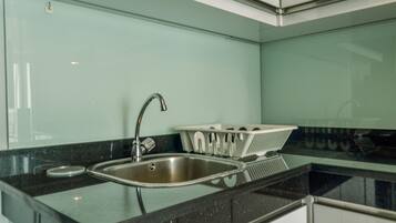 Fridge, stovetop, cookware/dishes/utensils