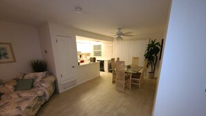 Un salon avec un canapé à motifs floraux, un coin repas avec une table et des chaises en verre, un ventilateur de plafond et, au fond, une cuisine.