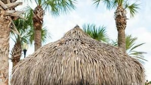 Un área de estar al aire libre con techo de paja, palmeras y sillas azules.