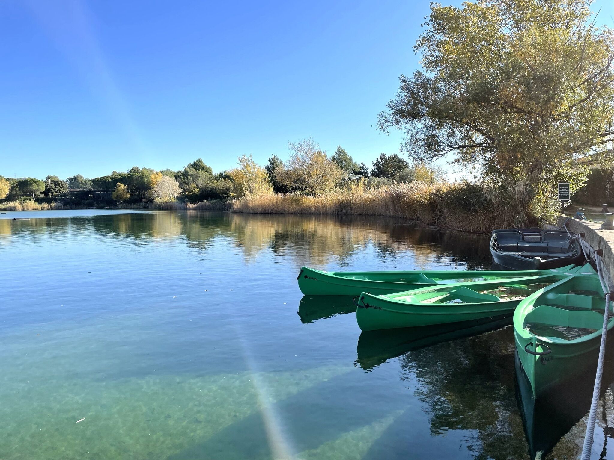 A calm river with clear water, boats docked on the right, and trees lining the banks.