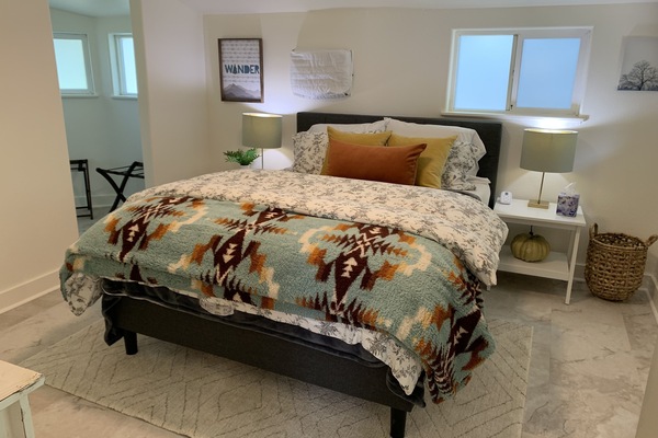 Main bedroom with Novafoam mattress and high thread count cotton sheets.
