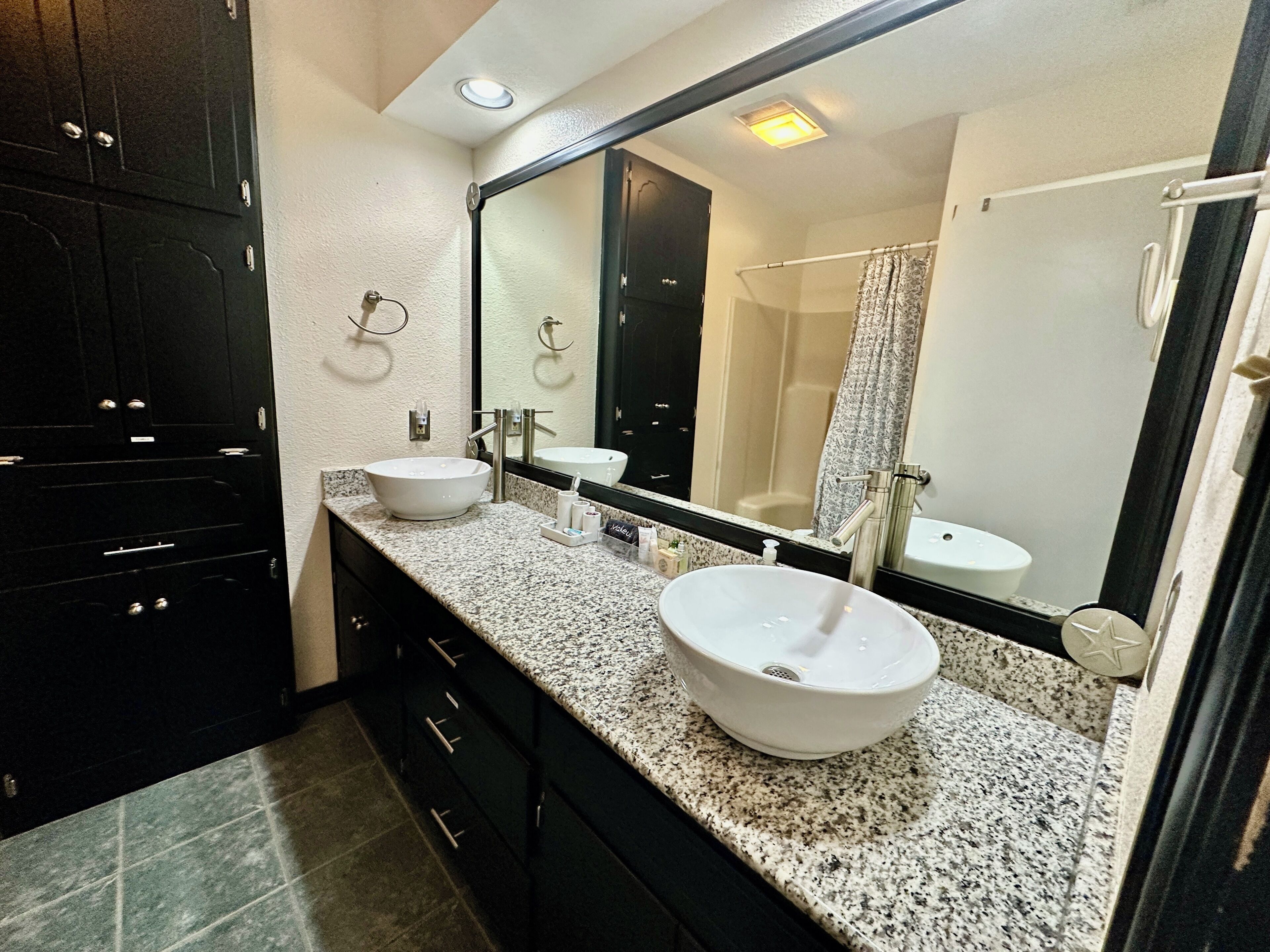 Hair dryer, towels, soap, shampoo