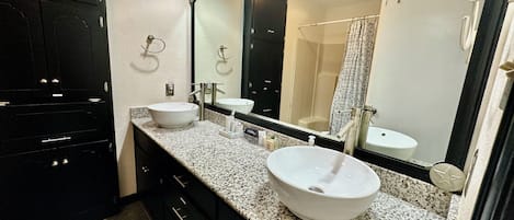 Hair dryer, towels, soap, shampoo