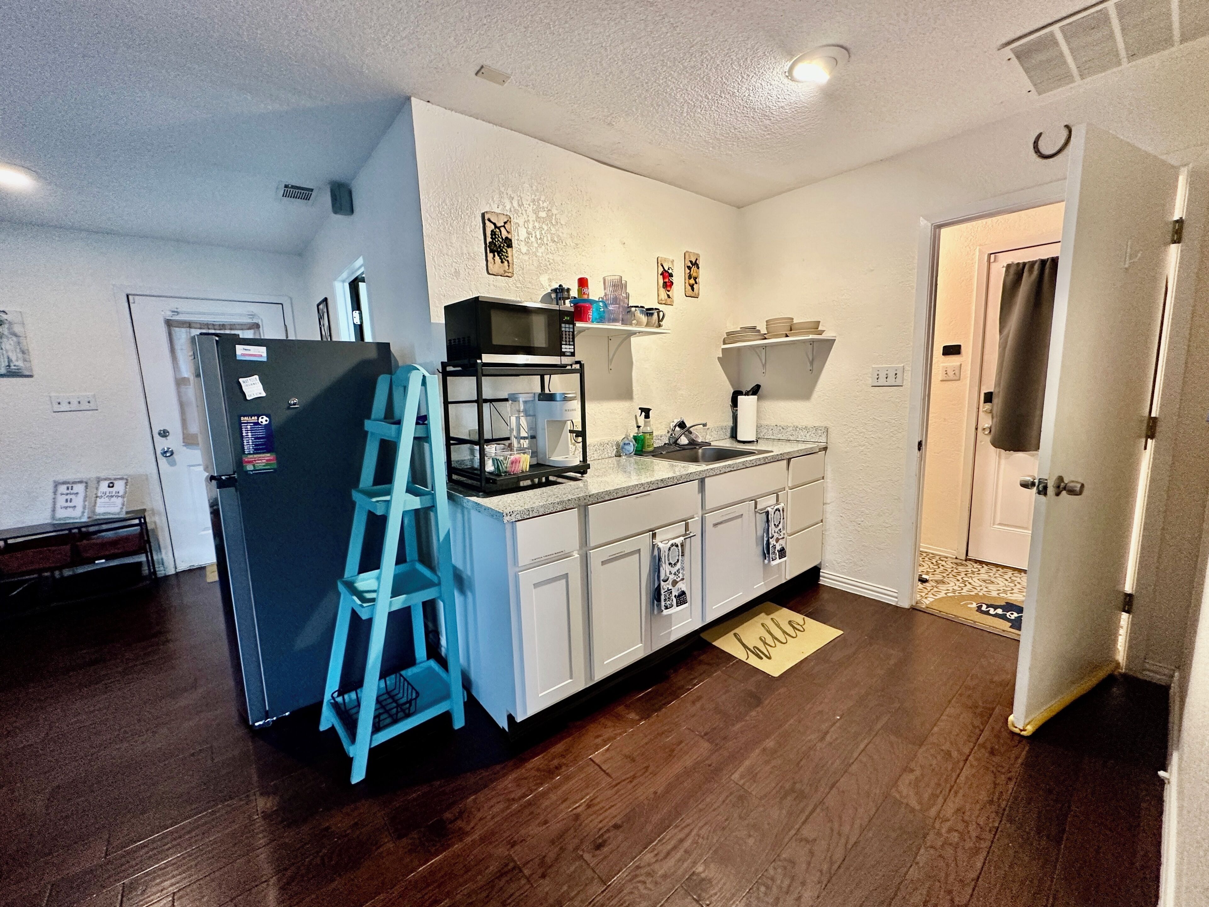 Fridge, microwave, coffee/tea maker, toaster