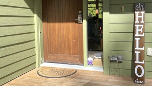 Uma porta de madeira com um painel de vidro, um tapete de boas-vindas e uma placa com o número 45 em frente a uma fachada verde.