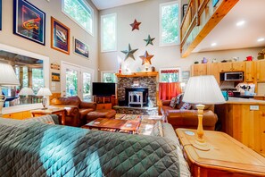 TV, fireplace, books