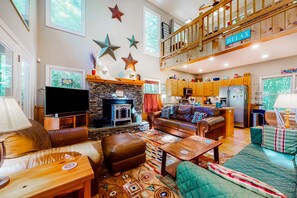 TV, fireplace, books