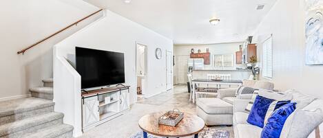 TV, fireplace, books