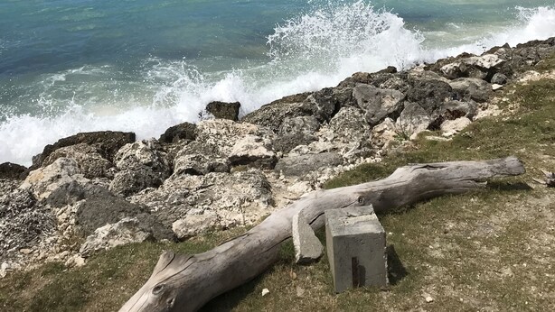 Un rivage rocheux bordé d’une eau turquoise et limpide, un voilier à l’horizon et un ciel dégagé.